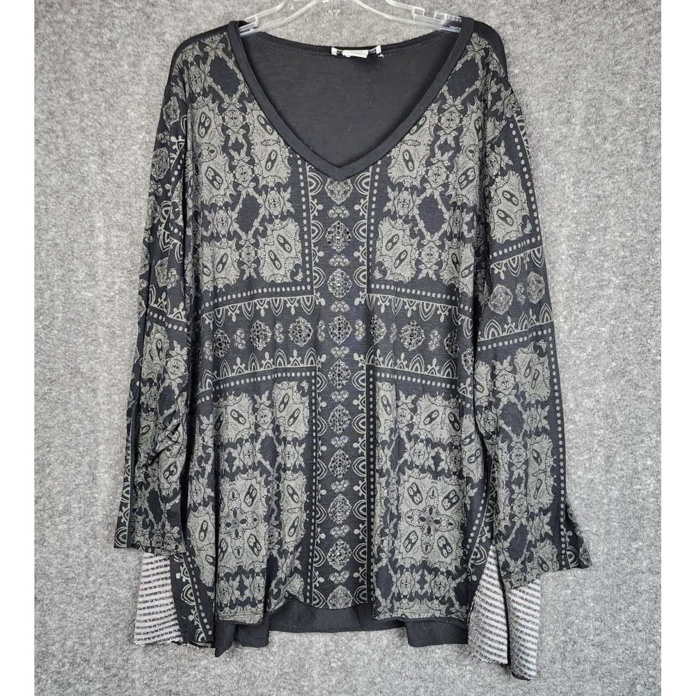 Seventh Avenue Tunic Top Womens 3X Gray Black Rhinestone Mixed Media Boho V-Neck